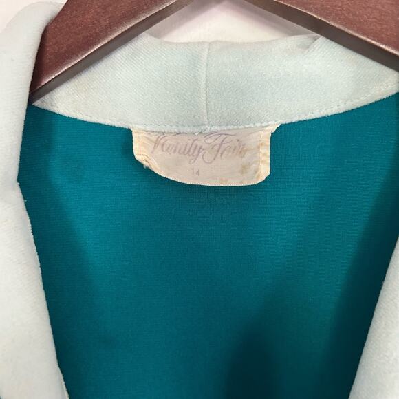 Vintage 70s Vanity Fair Velour Robe Teal & White Zip Front Lounge Dress Size 14 - Picture 9 of 15